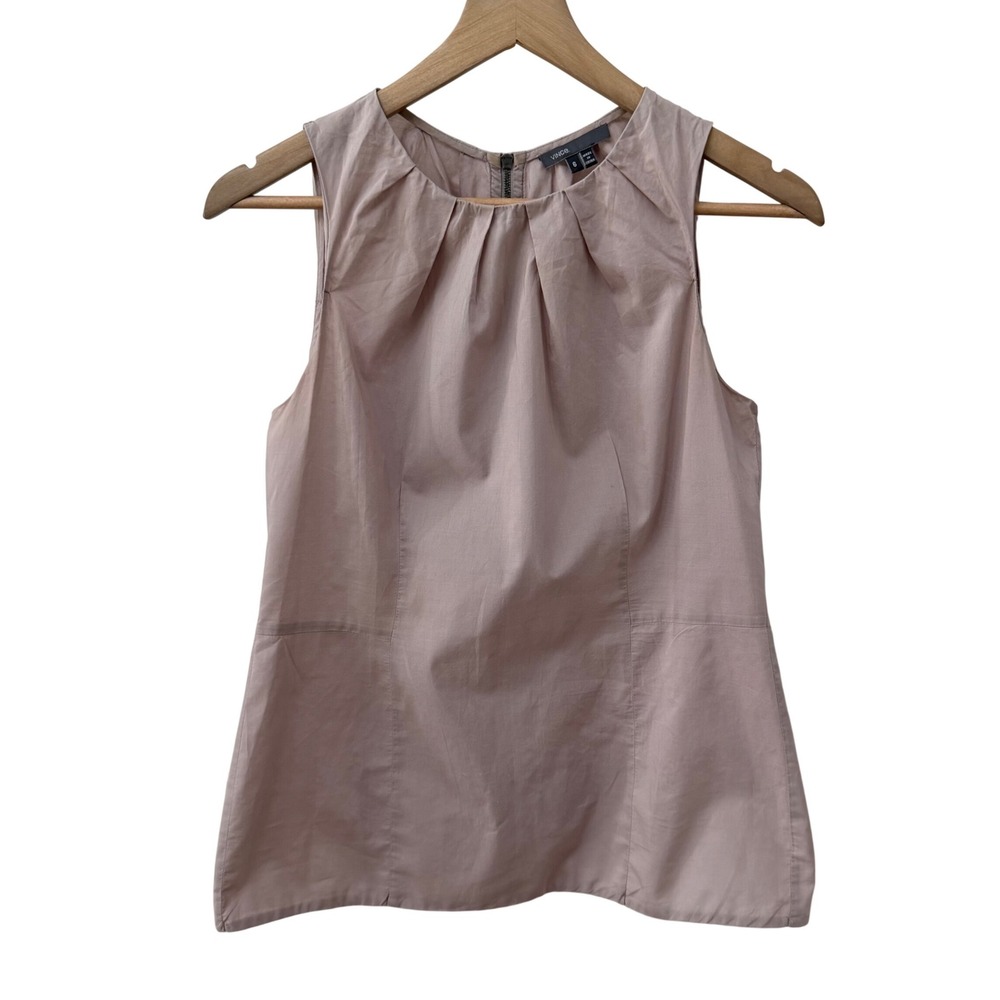 Vince Blouse Size 6 Taupe Pleated Neck Sleeveless Back Zip Shell Top